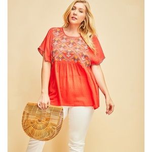 Larger Sizes Embroidered Tomato Red Bohemian Top